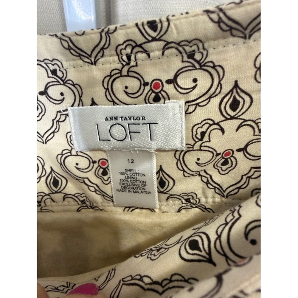 Ann Taylor Loft Womens 12 Cream Brown Medallion Print Pleated A-Line Skirt - Picture 2 of 5